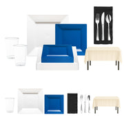 This sleek fan dinnerware set pairs white dinner plates and navy cake plates for polished game hosting.