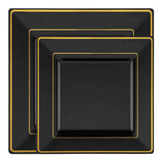 This sophisticated dinnerware set features black plates with gold square edge rims, perfect for enhancing any occasion