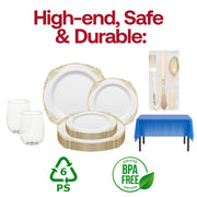 Thoughtfully curated Twinkle Twinkle Bash set includes dinnerware, cups, cutlery, napkins, and tablecloth for 20 guests
