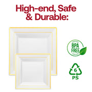 Top-quality 6.5-inch white plates with gold square edge rim, made of durable disposable plastic, BPA-free