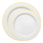 Transform your table setting with this luxurious White and Gold Rim Plastic Dinnerware Set, designed to elevate every dining occasion with timeless elegance.