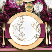 Transform your wedding or event into a stunning affair with the White with Gold Antique Floral Round Disposable Plastic Wedding Value Set, perfect for adding vintage luxury to any celebration