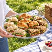 Transparent 18-inch plastic tray used for wedding reception showcasing assorted desserts and easy handling.