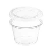 Transparent 4 oz plastic portion cups with lids, ideal for serving dips, sauces, and dressings