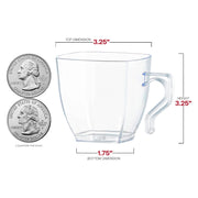Transparent square-shaped plastic coffee mugs with an 8 oz capacity, measuring 3.25”x3.25”, ideal for hot beverages.