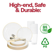 Tumblers and cutlery complement gold-edged plastic plates for a cohesive, upscale wedding setting