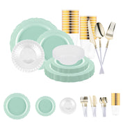 Turquoise Vintage Disposable Plastic Tableware Set with gold cutlery adds vibrant charm and elegance to festive gatherings