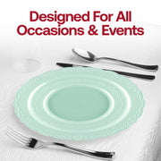 Turquoise round disposable appetizer plates with a sophisticated vintage style, 7.5-inch diameter, perfect for gatherings