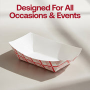 Two extra-large 2 lb red plaid paper food trays filled with popcorn and appetizers for a family movie night, jumbo checkered disposable snack boats.
