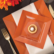 Upscale celebration table showcasing the Burnt Orange Square Plastic Plates Wedding Value Set’s deep orange tones
