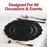 Upscale dinner presentation with the Black Round Lotus Plates, merging bold color with graceful curved edges