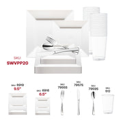 Upscale event décor featuring the White Square Plastic Wedding Set and silver flatware for stylish modern gatherings