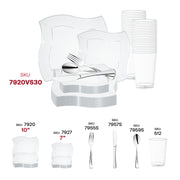 Upscale event décor with the Clear Wave Plastic Wedding Value Set and silver cutlery for sophisticated receptions.