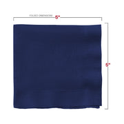 Upscale navy blue paper cocktail napkin with thick, absorbent texture, 10 x 10 inches, 600-count pack.