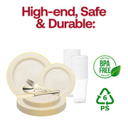 Upscale party ambiance featuring the Ivory with Gold Edge Rim Plastic Wedding Value Set for sophisticated occasions