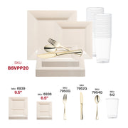 Upscale party décor enhanced by the Ivory Square Plastic Wedding Set and shimmering gold-accented silverware