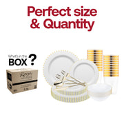 Upscale table scene showcasing the White with Gold Pearl String Plastic Tableware Set at a fancy celebration.
