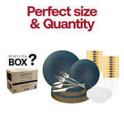 Upscale table scene styled with the Navy with Gold Organic Disposable Plastic Tableware Set’s contoured plates and gold flatware