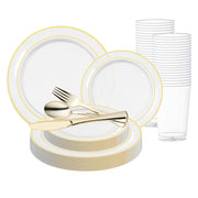 Upscale wedding value set styled with clear gold-rim dinnerware, matching cutlery, and 12 oz tumblers