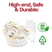 Upscale white and gold wave dinner plate set with BPA-free plastic tumbler and polished utensils