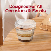 Versatile 1.5 oz clear portion cups with lids for all occasions, disposable souffle containers designed for delis, food trucks, and catering stations.
