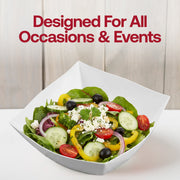 Versatile 128 oz white wave square disposable bowl for all occasions, modern plastic serving bowl designed for punch, party mixes, and oversized salad displays.
