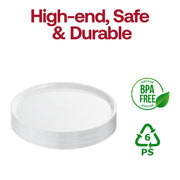 Versatile 14 inch round white plastic tray for cake service, premium large disposable dinnerware designed for wedding receptions and galas.