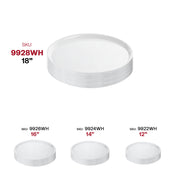 Versatile 18 inch round white plastic platter for professional events, high-quality jumbo disposable dinnerware for weddings and galas.