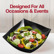 Versatile 64 oz black wave square disposable bowl for all occasions, modern plastic serving bowl designed for large salads, chips, and shared appetizers.

