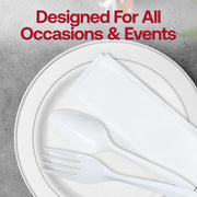 Versatile MW cutlery kit with fork, teaspoon, and napkin for all occasions, prepacked disposable utensil set designed for concessions and catering.
