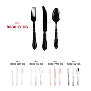 Versatile black Baroque plastic cutlery set, perfect for weddings, banquets, and dinner parties, offering a refined dining experience