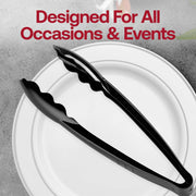 Versatile black heavyweight PP food serving tongs for all occasions, sturdy disposable serveware designed for salads, breads, and appetizers.
