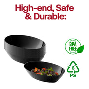 Versatile black oval plastic serving dish for all occasions, chic disposable bowl designed for weddings, banquets, and holiday parties.