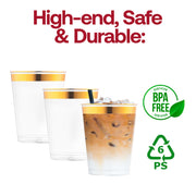 Versatile clear plastic party tumbler with metallic gold rim, high-quality disposable glassware designed for holidays, office parties, and banquets.