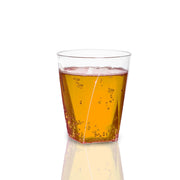 Versatile clear plastic shot cups with a square bottom, 2 oz capacity, great for shots, condiments, and desserts