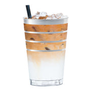 Versatile clear plastic tumblers with silver stripes, 12 oz capacity, ideal for cocktails, sodas, or water