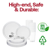 Versatile clear plastic wedding set with round plates and cups, suitable for formal and casual gatherings alike