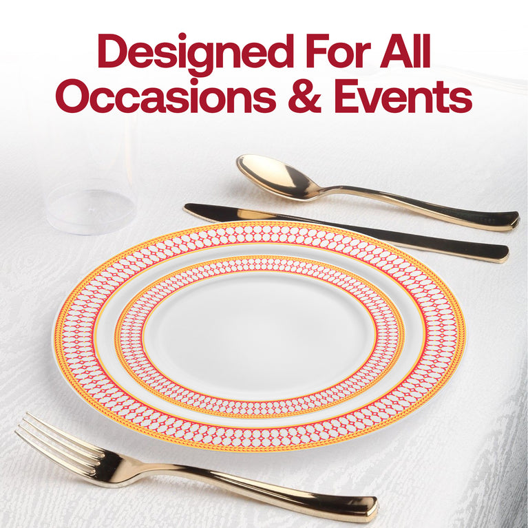 Harmony Rim Appetizer Plates - 7.5" Round, White With Burgundy & Gold, Disposable BPA-Free, Pack Of 10