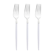 Versatile disposable silver dinner forks featuring elegant white handles, perfect for events, bulk case of 240
