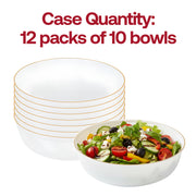 Versatile white plastic salad bowl with gold border, premium disposable dinnerware designed for weddings, holidays, and special events.