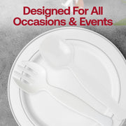 Versatile white plastic serving forks for all occasions, sturdy disposable serveware designed for meats, salads, pasta, and grilled vegetables.
