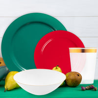 Vibrant Christmas plates and partyware set capturing the spirit of the season without the cleanup hassle.