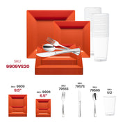 Vibrant party atmosphere featuring the Burnt Orange Square Plastic Plates Wedding Value Set for stylish gatherings