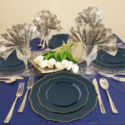 Visual comparison of the 10-inch dinner plate and 7.25-inch salad plate with SKU codes, showcasing the navy and gold blossom design