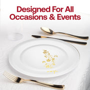Wedding-ready plastic plates with gold floral rim offer formal table styling with quick cleanup