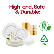 What's in the box: complete White with Gold Pearl String Tableware Set with plates, gold cutlery, and cups.