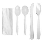 White Disposable Plastic Cutlery Set with Napkin - Fork, Soup Spoon, Knife, Teaspoon, Napkin | Smarty Had A Party