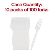 Image of White Plastic Disposable Forks arranged in a neat stack with a single fork next to it. Text above reads "Case Quantity: 10 packs of 100 disposable forks" in bold red letters.