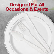 A white plastic fork, **White Plastic Disposable Knives**, and a spoon are placed on a stack of clean white plates. The background is gray. Red text at the top of the image reads, "Designed For All Occasions & Events.