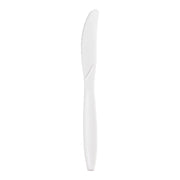 A White Plastic Disposable Knife features a smooth handle and a slightly serrated edge on one side. The sophisticated utensil is captured in the image against a simple white background, positioned vertically with the handle at the bottom and the blade at the top.